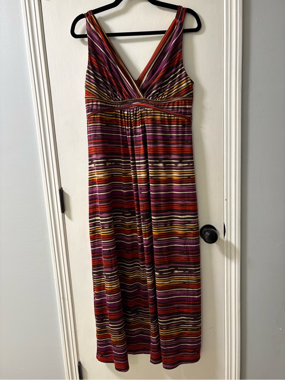 Metaphor Striped V‑Neck Maxi Dress in Purple, Red & Orange